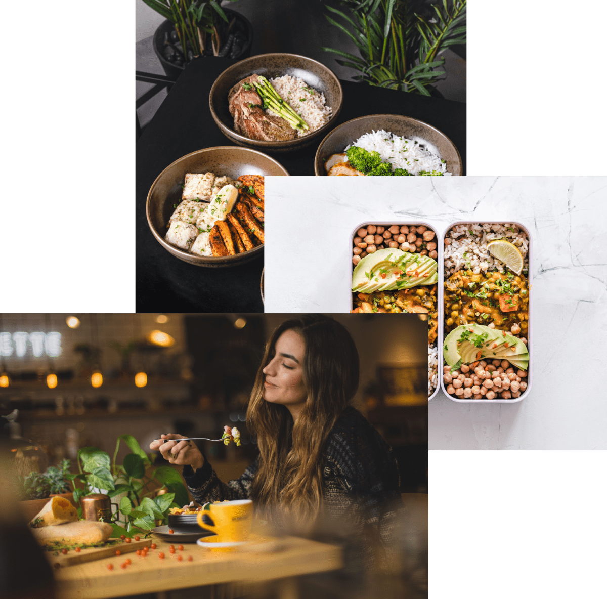 Woman enjoying ood, meals in storage container, and food bowls on a table